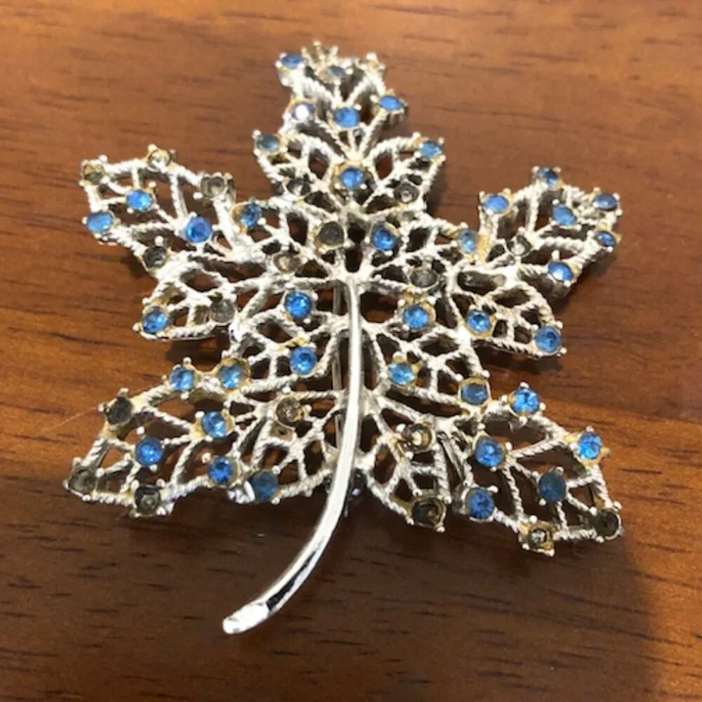 Silver Tone Blue Rhinestone Oversized Leaf Brooch Pin